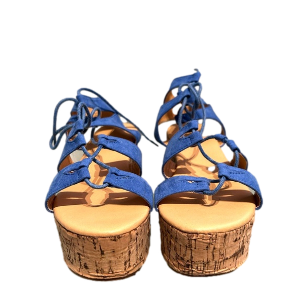 Yoki size 7.5 blue lace up wedge with box & dust covers